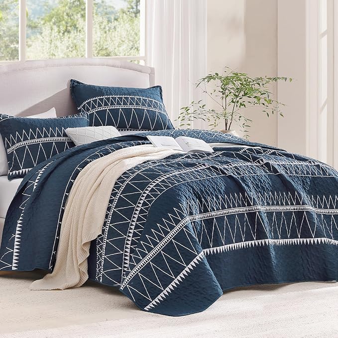 Andency Navy King Size Quilt Set, 3 Pieces Boho Lightweight Soft Striped - Image 2