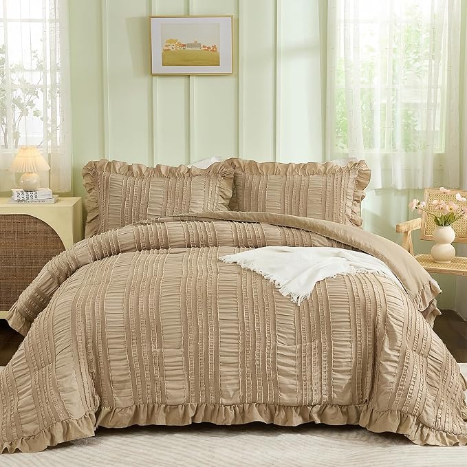 WONGS BEDDING Khaki Comforter Set Queen, 3 Pieces Ruffle Farmhouse Shabby Chic - Image 4