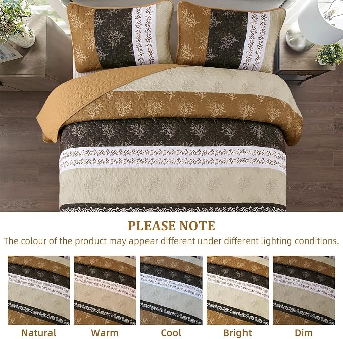 DJY Brown Quilt Set King Size Striped Bedspread Coverlet Set 3 Pieces Boho - Image 4