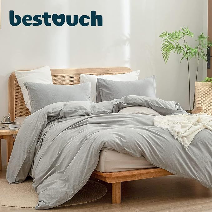 BESTOUCH Duvet Cover Set 100% Washed Cotton Linen Feel Super Soft Comfortable - Image 4