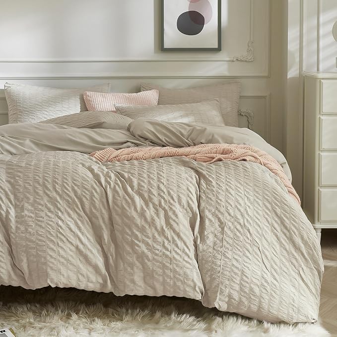 JELLYMONI Light Khaki Duvet Cover King Size, Soft Breathable Seersucker Duvet by JELLYMONI