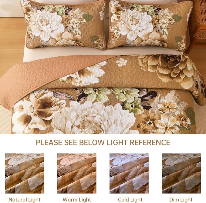 WONGS BEDDING Brown Floral Quilt Set King, 3 Pieces Reversible Lightweight - Image 8