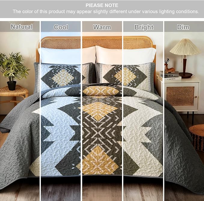 Dintszyayue Boho Quilt Set King Size, 3 Pieces Texture Southwestern Gray - Image 6