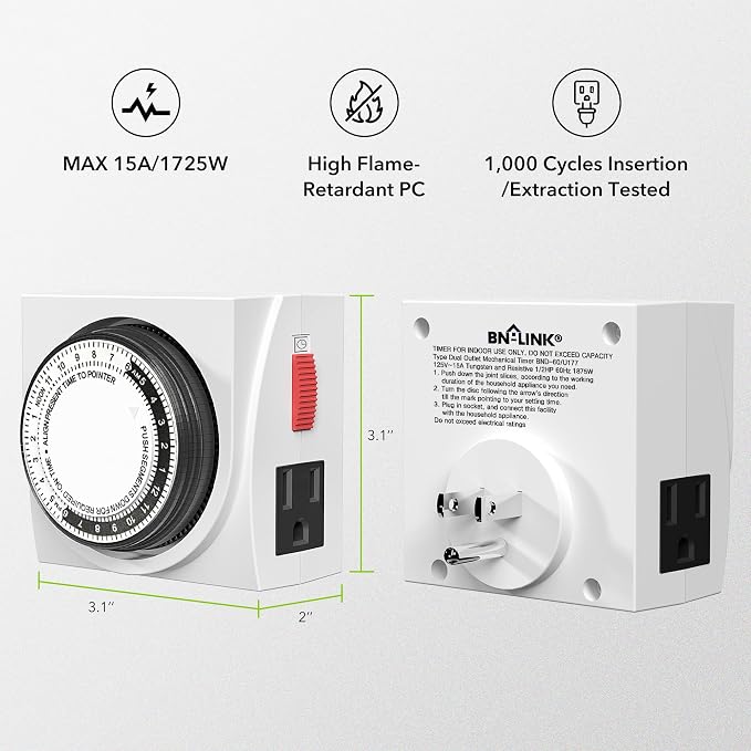 BN-LINK Heavy Duty Mechanical 24 Hour Timer Dual Outlet 3-Prong Accurate Indoor - Image 6