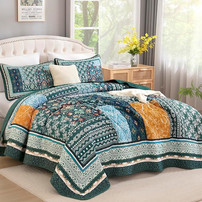 WONGS BEDDING Green Quilt Set King Size, 3 Pieces Boho Quilt Patchwork Quilt - Image 2