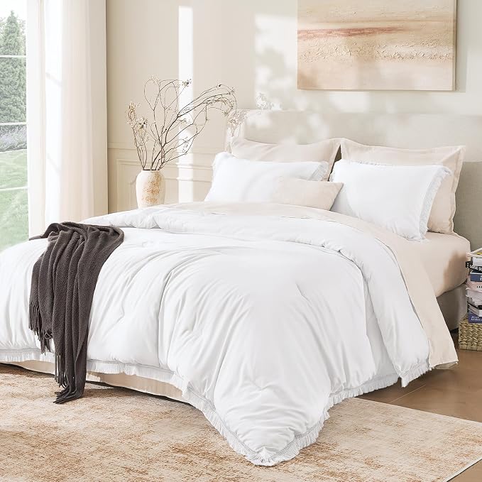 Andency White Comforter Set Twin Size, 2 Pieces Boho Lightweight Tassel Bedding by Andency