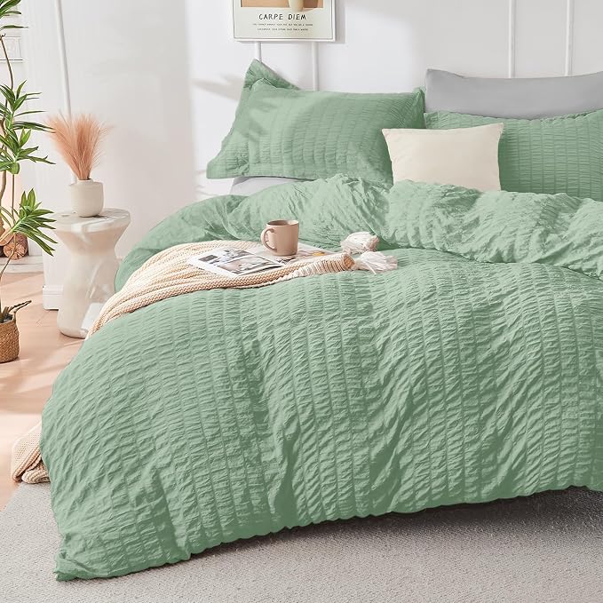 HYMOKEGE Sage Green/Light Grey California King Comforter Set Seersucker 7 Pieces - Image 2