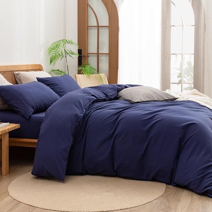 BESTOUCH Duvet Cover Set 100% Washed Cotton Linen Feel Super Soft Comfortable - Image 3