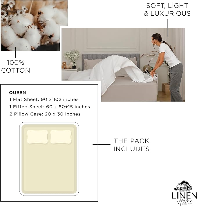 Linen Home 100% Cotton Percale Sheets Queen Size, Deep Pocket, 4 Pieces Set - Image 6
