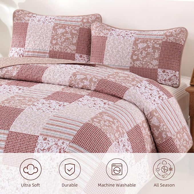 Mybedsoul Patchwork Quilt Set Queen Size, 3 Pieces Pink Floral Plaid Bedspread - Image 9