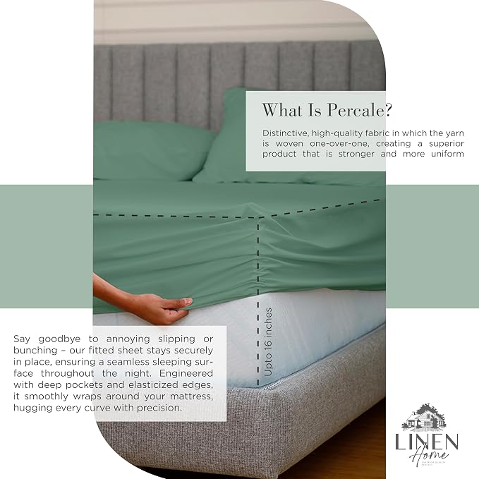 Linen Home 100% Cotton Percale Sheets Twin Size, Frosty Green, Deep Pocket - Image 4