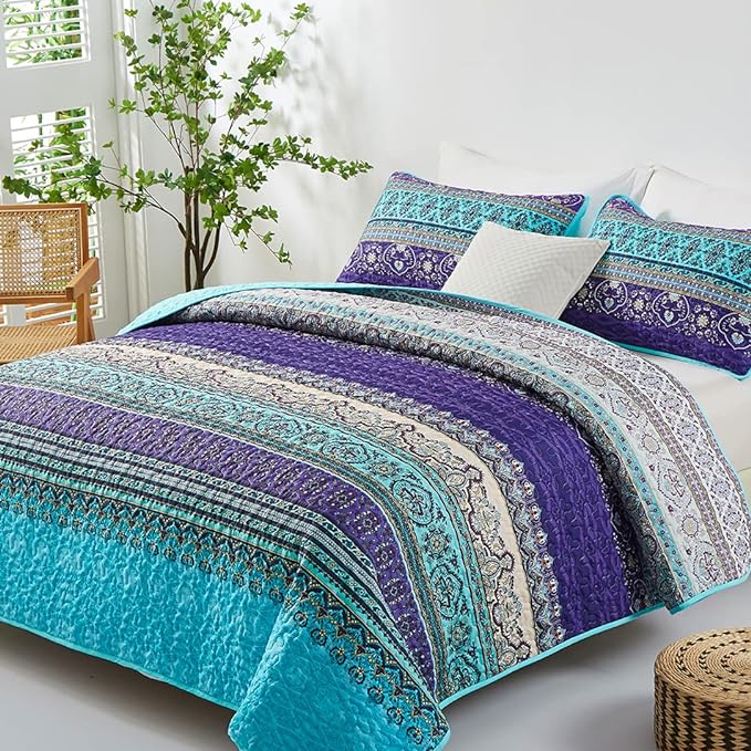 WONGS BEDDING Boho Quilt King Size, Lightweight Microfiber Bed Decor Bedspread - Image 2