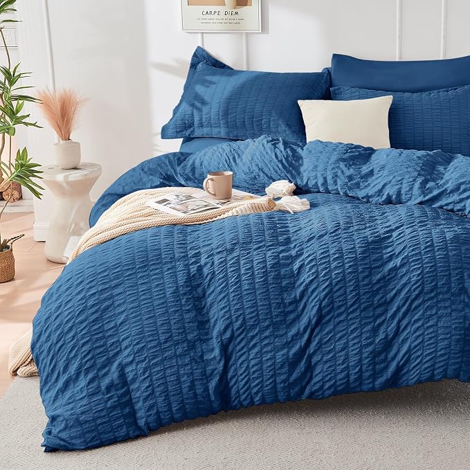 HYMOKEGE Teal Duvet Cover King Size, Ultra Soft 3-Piece Seersucker Duvet Cover by HYMOKEGE