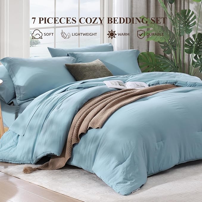 WRENSONGE Queen Comforter Set, 7 Pieces Soft Blue Bed in a Bag Queen - Image 2
