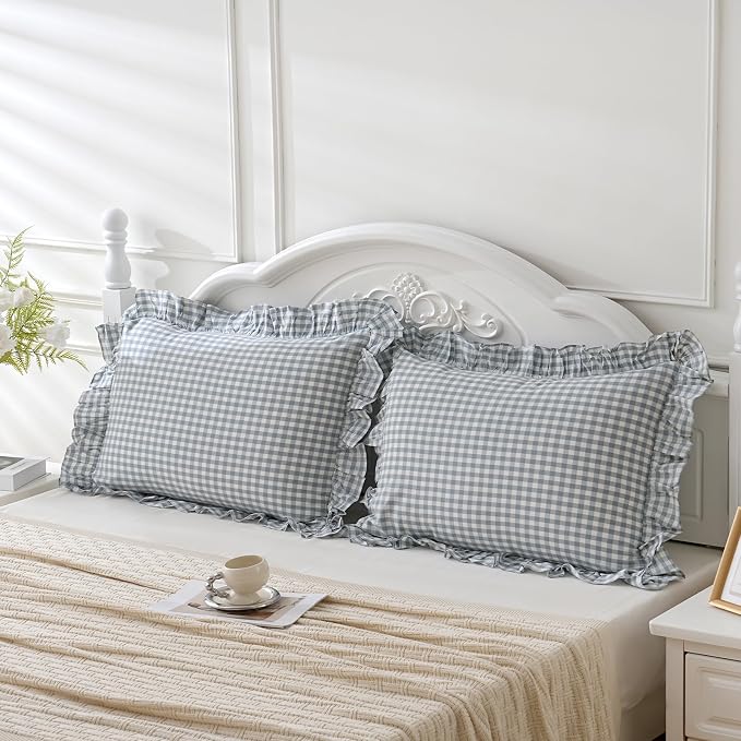 2 Pack Blue White Plaid Gingham Ruffle Pillow Shams Standard Size 20x26 inches - Image 2