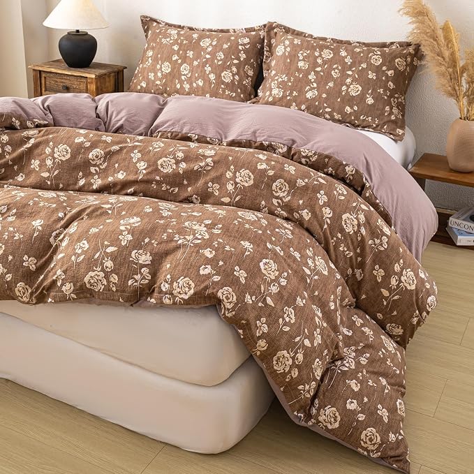 OAITE Brown Flower King Size Duvet Cover-3 Pieces Prewashed Cotton-Like - Image 5