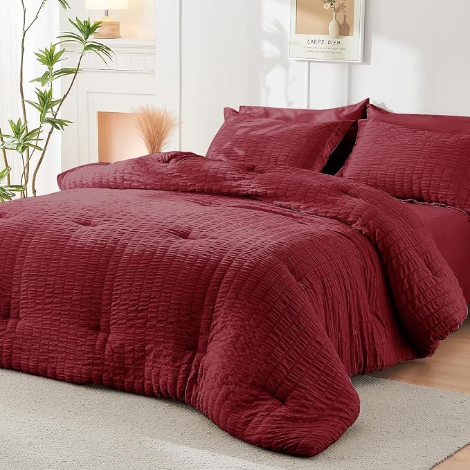 HYMOKEGE Burgundy King Size Comforter Set Seersucker 7 Pieces, All Season - Image 8