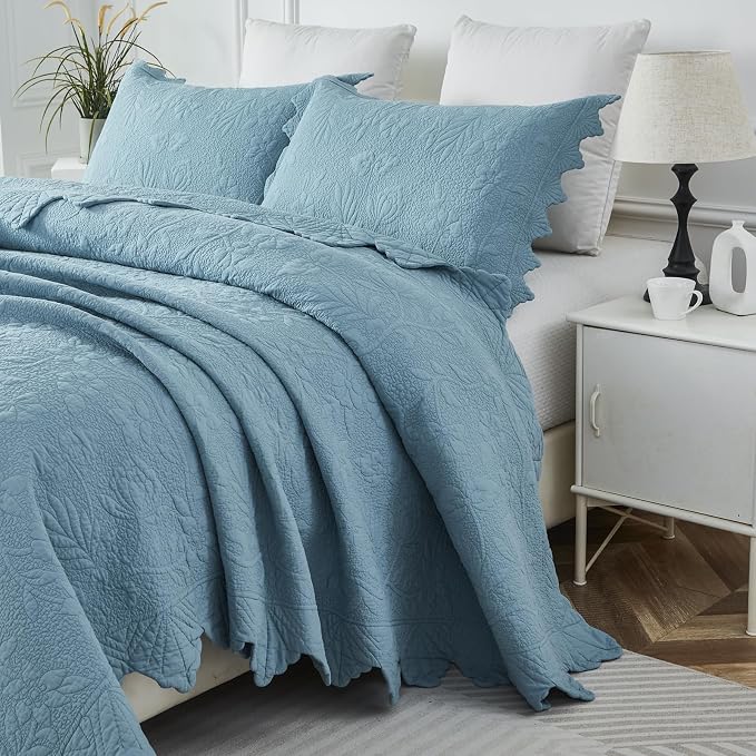 Brandream Luxury 100% Cotton Quilt Set Queen Size Blue Floral Vine Matelasse - Image 3