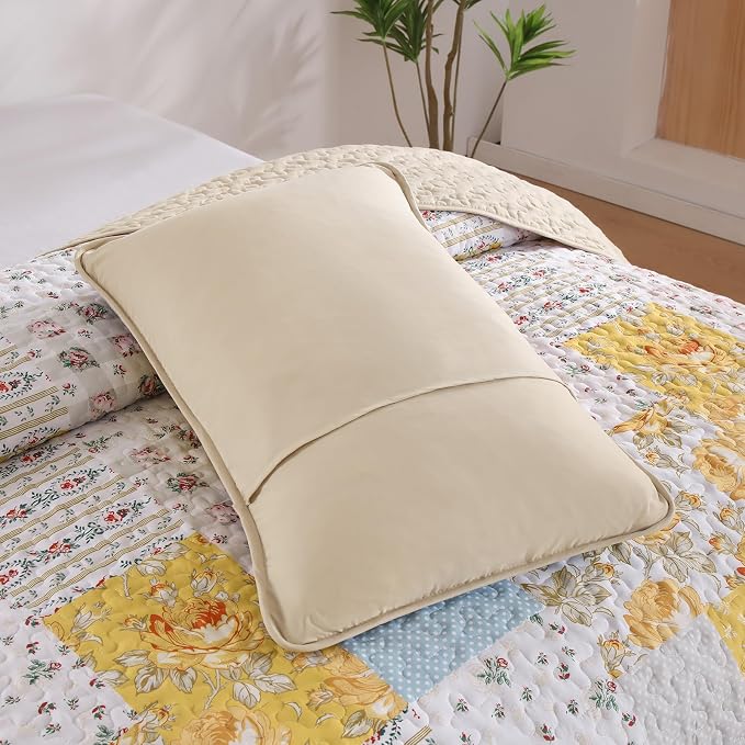 Anibedding Yellow Patchwork Quilt Set Queen Size Boho Floral Plaid Bedspread - Image 7