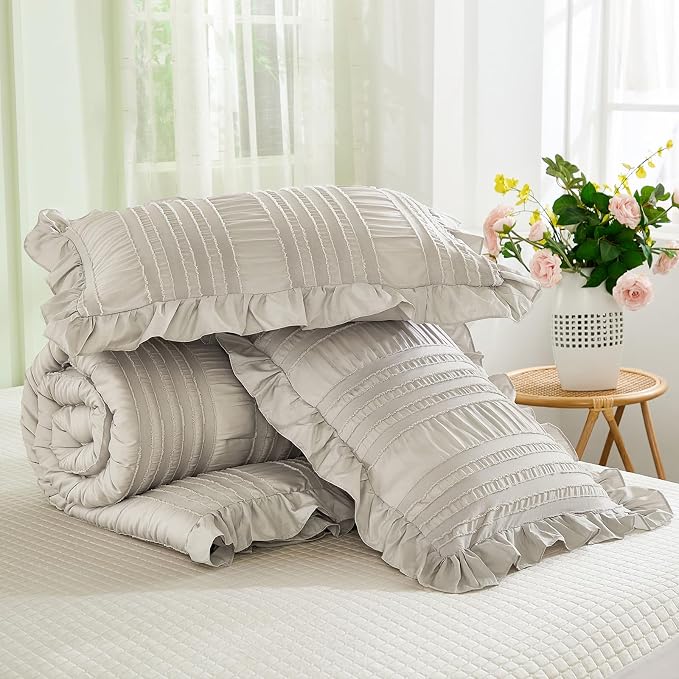 WONGS BEDDING Grey Textured Comforter Set Queen, 3 Pieces Ruffle Farmhouse - Image 8