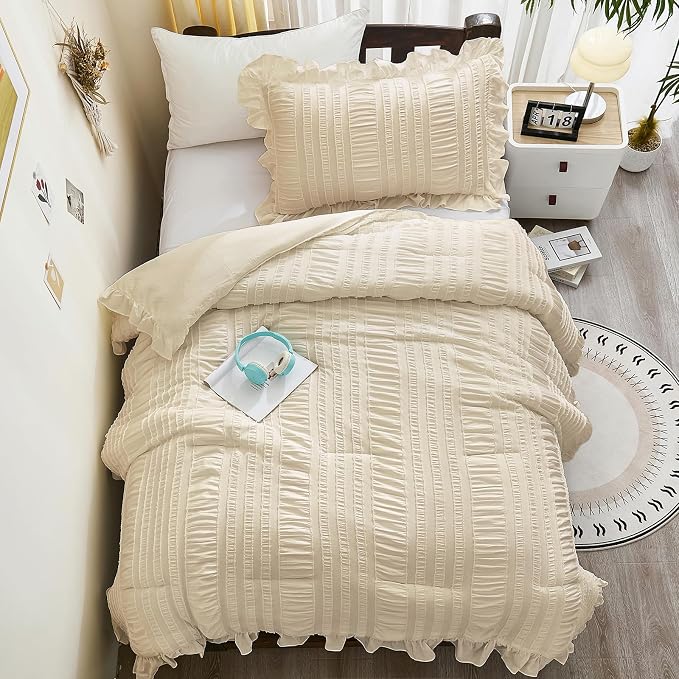 WONGS BEDDING Beige Comforter Set Full, 3 Pieces Ruffle Shabby Chic Comforter - Image 5