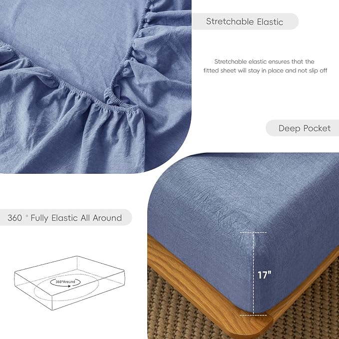 MooMee Fitted Bottom Sheet Only 100% Washed Cotton Linen Like Textured - Image 6