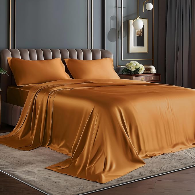 BEDELITE Satin Sheets Queen Size Bed Set, Luxury Soft Burnt Orange Silky Sheets by BEDELITE