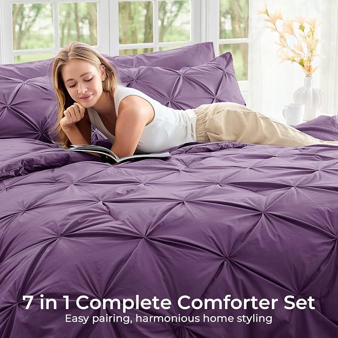 Sasttie Queen Comforter Set, 7-Piece Bed in a Bag, Pintuck Bedding Sets - Image 6