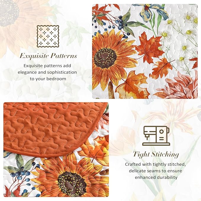 Yiran Fall Floral Quilt Set Queen Size, 3 Pieces Soft Lightweight Microfiber - Image 7