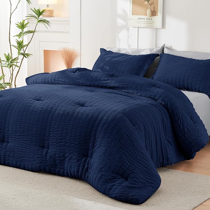 HYMOKEGE Navy Blue/Light Grey Full Size Comforter Sets Seersucker 7 Pieces - Image 8