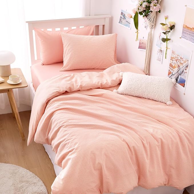 Wake In Cloud - Striped Cotton Duvet Cover Set, 100% Washed Cotton Textured by WakeInCloud