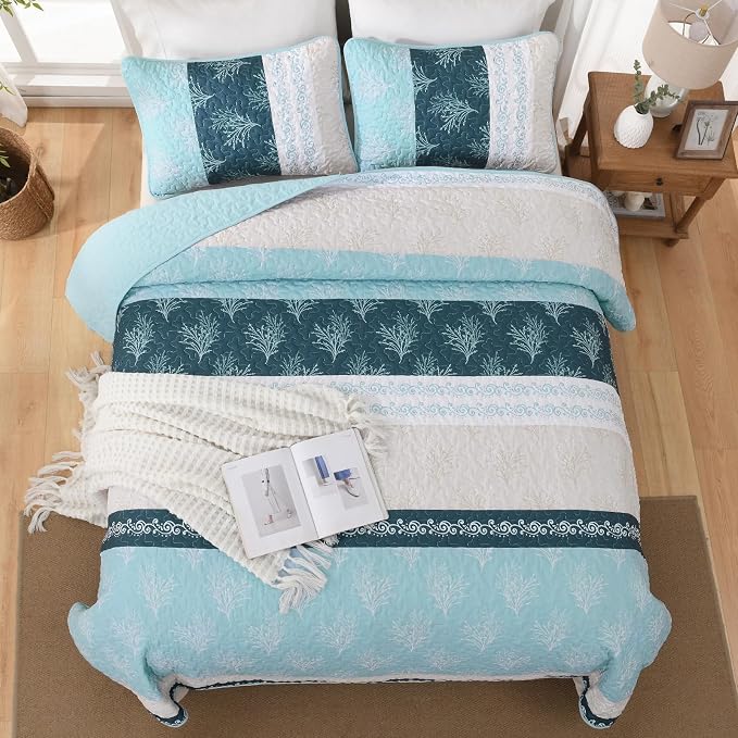 DJY Quilt Set Queen Size Light Blue Boho Striped Floral Bedspread Coverlet Set - Image 2