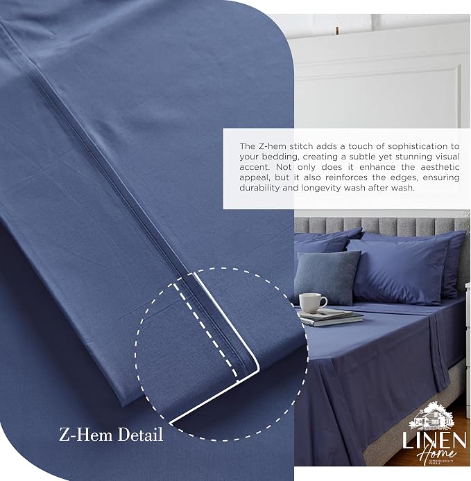Linen Home 100% Cotton Percale Sheets Full Size, Dark Blue, Deep Pocket - Image 3