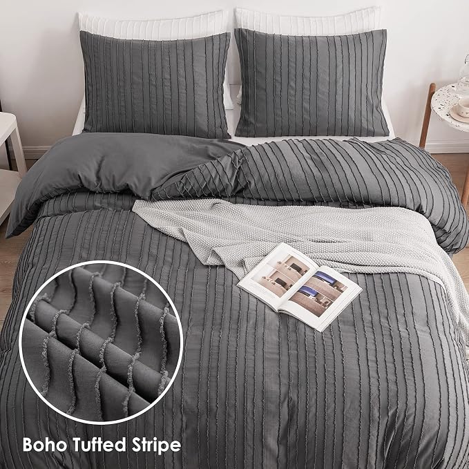 WARMDERN Gray Boho Duvet Cover Set King Size, Striped Textured Duvet Cover - Image 2