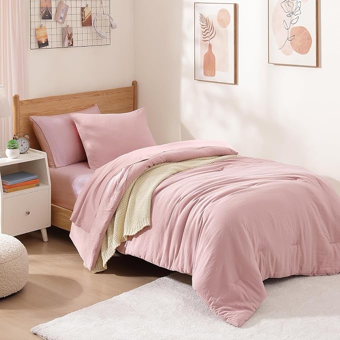 WRENSONGE Twin Comforter Set- 5 Pieces Soft Pink Twin Bed in a Bag, All Season - Image 2