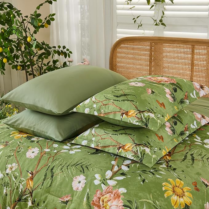 Yiran Sage Green Hibiscus Floral Comforter Set Queen Size, 7 Piece Bird Flowers - Image 8