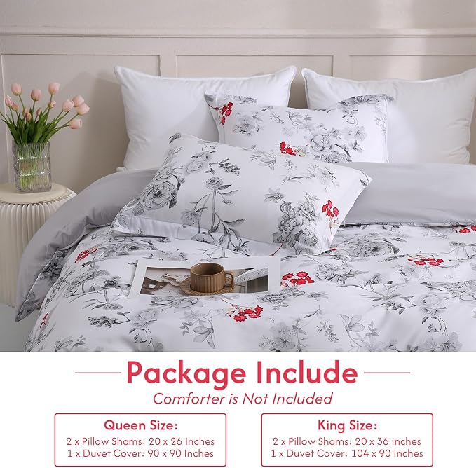 LONAVA Queen Flower 3 Pcs Duvet Cover Set, Breathable Soft Microfiber White - Image 6
