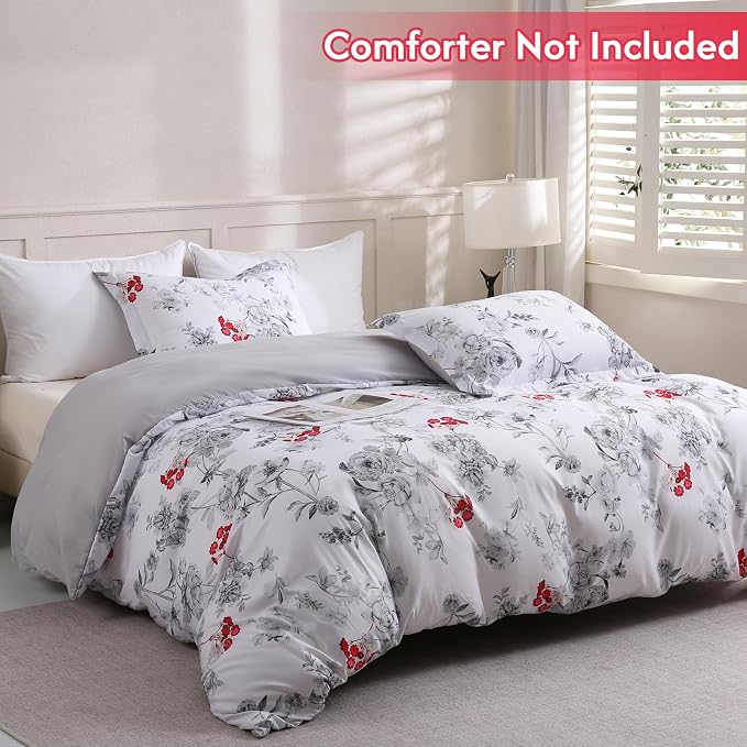 LONAVA Queen Flower 3 Pcs Duvet Cover Set, Breathable Soft Microfiber White - Image 2