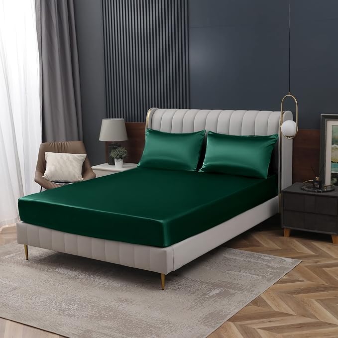 Homiest Blackish Green Satin Fitted Twin Size Bed Sheet, Deep Pocket, Luxury & - Image 9