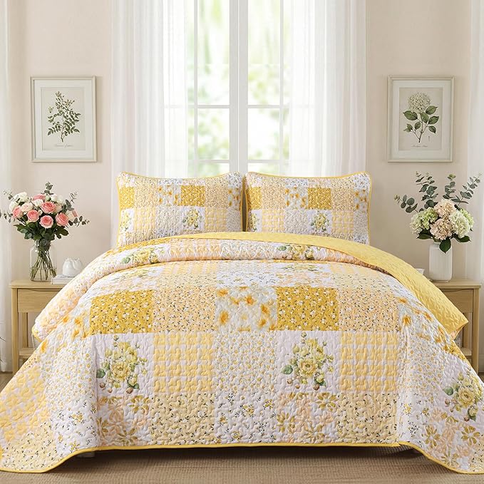Mybedsoul Patchwork Quilts Queen Size, Soft Yellow Boho Floral Bedspreads by Mybedsoul
