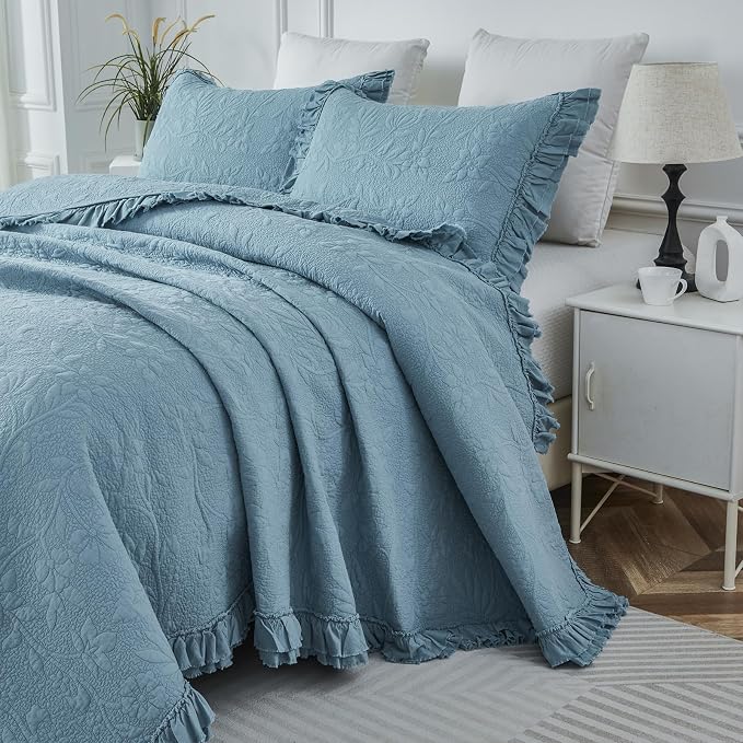 Brandream Luxury 100% Cotton Quilt Set King Size Blue Floral Vine Matelasse - Image 6