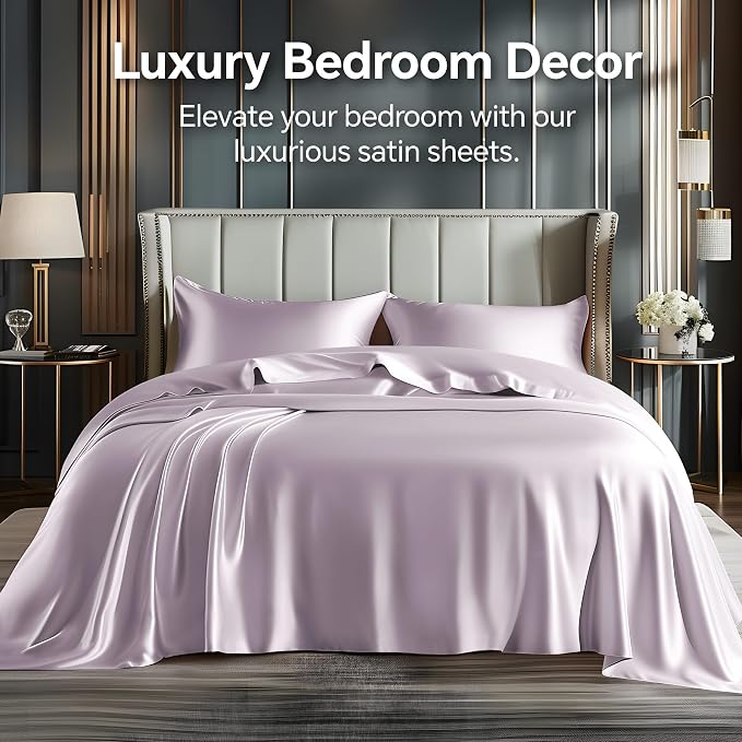 BEDELITE King Size Sheets Set, Luxury Soft Lavender Satin Sheets - Image 2