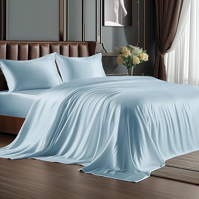 BEDELITE Satin Sheets Twin Size Bed Set, Luxury Soft Light Blue Silky Sheets by BEDELITE