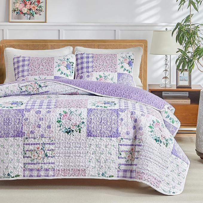 Joyreap 3 Pieces Floral Patchwork Quilt Set California King, 102x114 inches- - Image 3