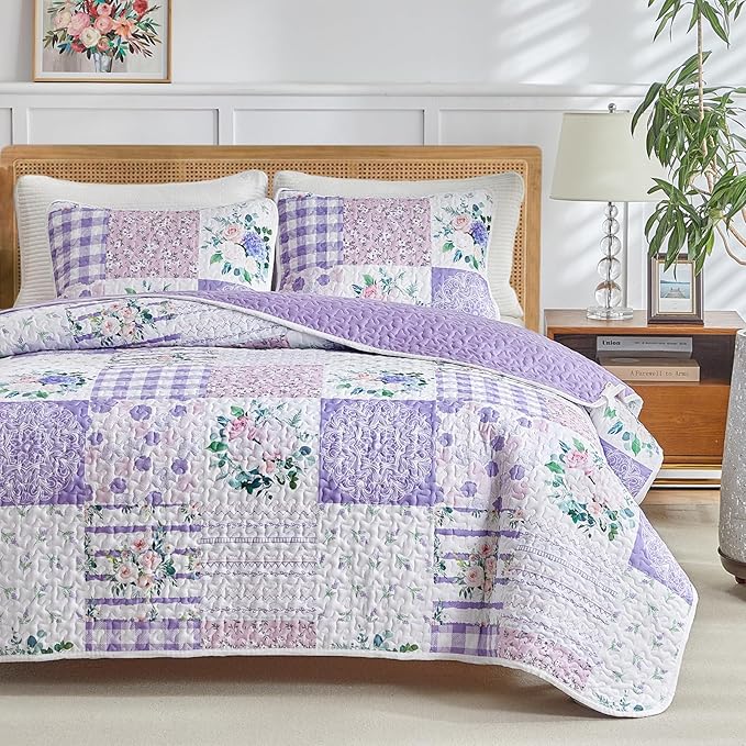 Joyreap 3 Pieces Floral Quilt Set King, Patchwork Purple n Pink Flowers Design - Image 3