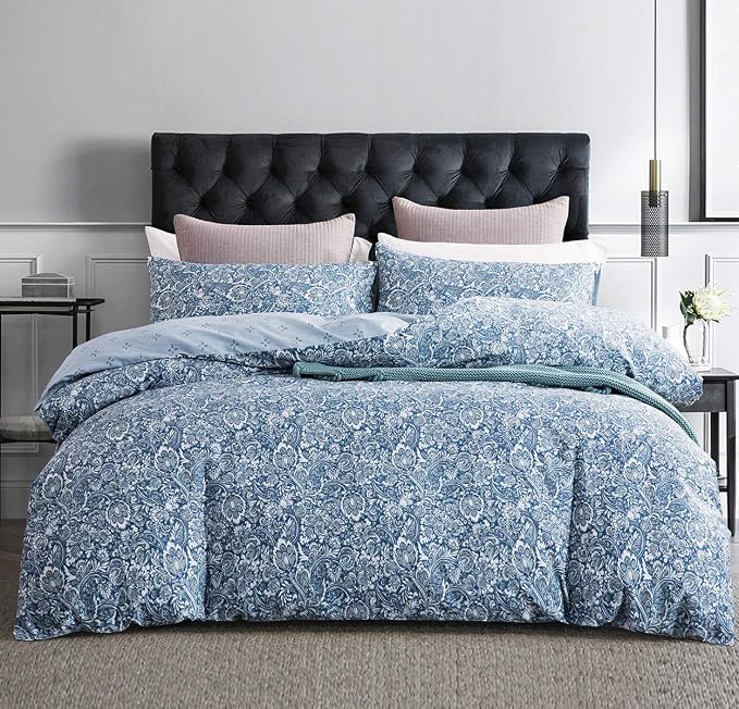 SLEEPBELLA Duvet Cover Queen, 600 Thread Count Cotton Blue & Green Paisley - Image 2