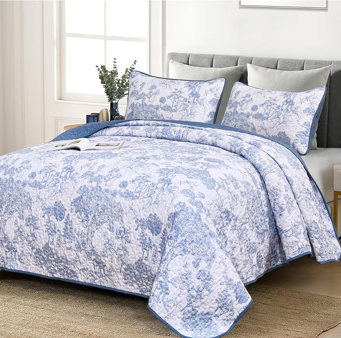 WONGS BEDDING Botanical Quilt Set California King Size, 3 Pieces Blue Toile by WONGSBEDDING