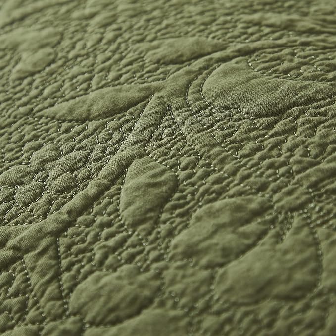 Brandream Olive Green Floral Vine Cotton Quilt Set King Size Luxury Scalloped - Image 6
