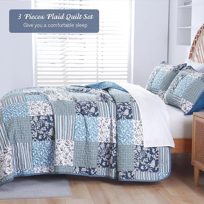 Mybedsoul Navy Blue Quilt Set King Size, 3 Pieces Plaid Floral Bedspread Set - Image 3