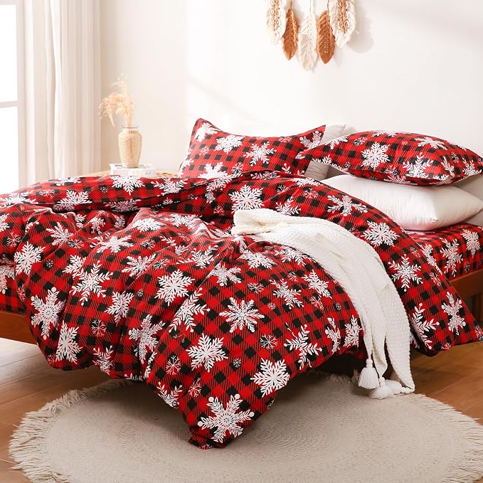 JSD Red Buffalo Plaid Snowflakes Duvet Cover Set King Size, 3 Piece Christmas by JSD